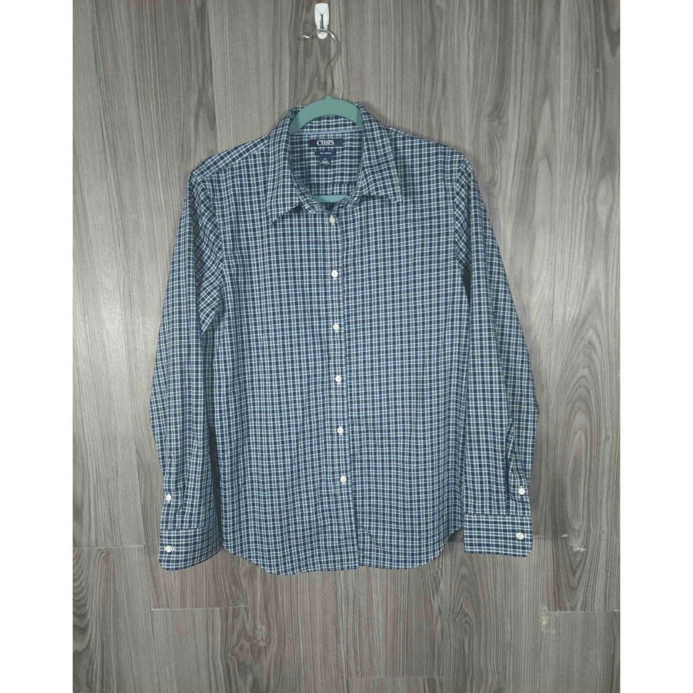 Chaps No Iron Mens Blue White Plaid Long Sleeve Button Down Shirt Size L